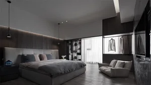 Modern bedroom featuring grey decor and a wooden floor.
