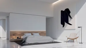 Modern minimalist bedroom featuring a glass wall, wooden bed frame, and white marble floor.