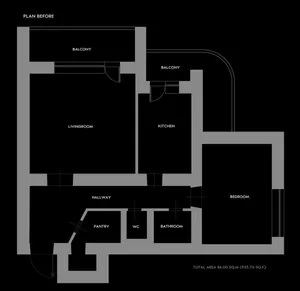 An interior design floor plan showing a modern living room, kitchen, bedroom, bathroom, pantry, WC, and hallway with balconie