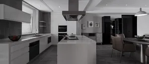 modern kitchen with granite countertops and white cabinets