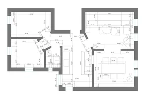 A detailed blueprint of a modern kitchen featuring marble countertops.
