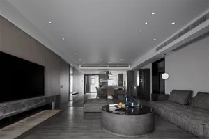Modern living room featuring concrete and marble materials