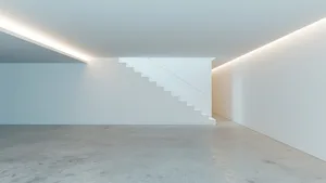 A minimalist interior with concrete walls, white walls, and a staircase leading to another level.