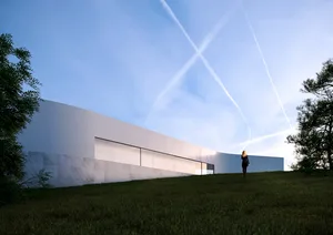 A modern white concrete exterior building with a minimalist design.