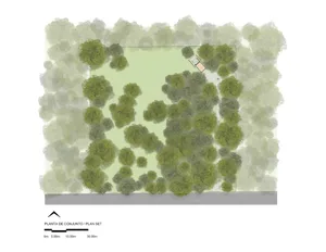 Landscape park layout with green space surrounded by trees