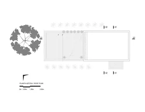 A black and white architectural drawing depicting a roof plan with various elements and dimensions indicated.