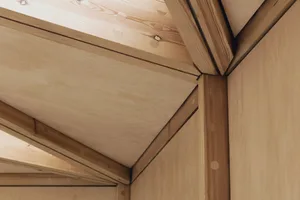 Close-up view of wooden construction details in an interior design setting.
