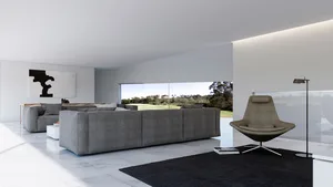Modern minimalist living room with large window, grey sofa, and marble flooring.