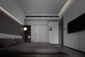 Modern minimalist bedroom featuring concrete and wooden materials.
