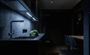 A modern, minimalist kitchen with black countertops and a concrete backsplash.