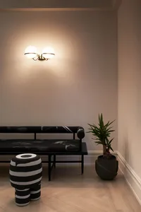 Minimalist living room with black furniture and a potted plant.