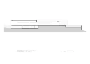 Longitudinal architectural section of a modern house, featuring glass and concrete materials.