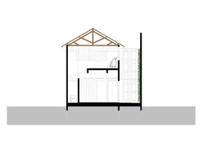 Sectional architectural drawing of a cabin interior featuring wooden materials and a pitched roof.