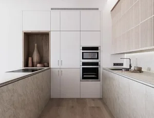 Modern industrial kitchen featuring marble countertops and minimalist design elements.