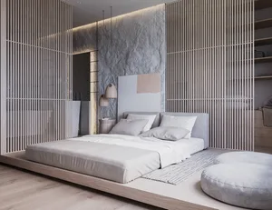 Modern minimalist bedroom featuring a low platform bed with wooden slats.