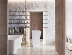 Modern bathroom with stone walls and a minimalist design.