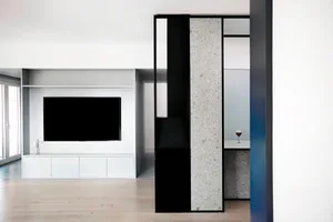 Living room with modern design featuring concrete and black paneled walls, and white paneled accents.