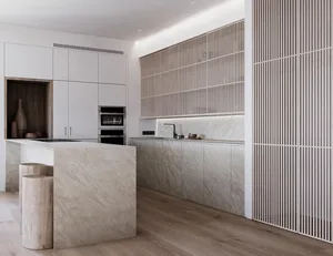 A contemporary kitchen featuring marble countertops and wooden accents