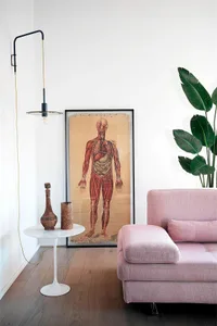 A modern minimalist living room with a pink sofa, wooden flooring, and a wall-mounted lamp.