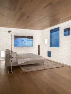 A minimalist bedroom featuring wooden flooring, walls, and ceiling, with a bed, television, and lamp.