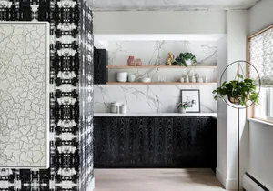 Modern black and white kitchen with marble countertops and shelves, featuring black wooden cabinets and decorative greenery.