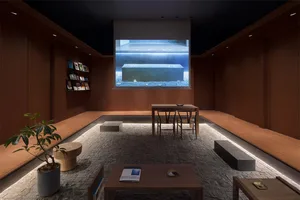 A modern contemporary coffee shop interior featuring wooden elements and contemporary furniture.
