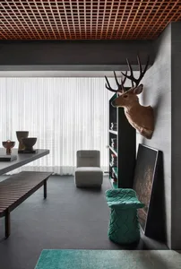 A modern interior living room with a wooden floor, green rug, and a deer head mounted on the wall.