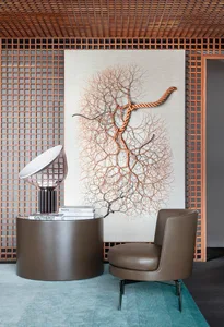 A modern living room featuring a combination of metal and wooden elements.