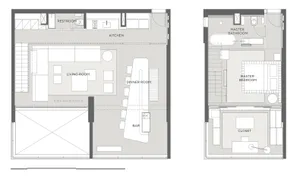 Floor plan of a modern apartment with neutral color scheme, showing living room, kitchen, dining room, and bedroom.