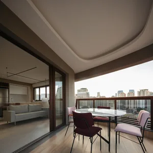 Modern apartment interior with glass furniture and a view of the city skyline.