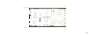 Modern living room floor plan with wood, concrete, and greenery.