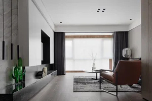 Modern minimalist living room with wooden furniture and large windows.