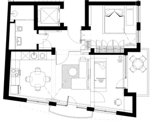 Minimalist floor plan of a modern home, showing a living space, dining area, kitchen, and bedroom.