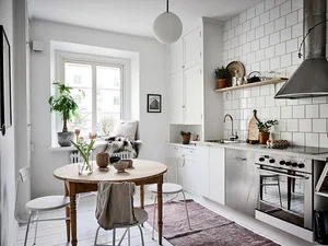 Modern kitchen with wooden dining table, plants, and stainless steel appliances