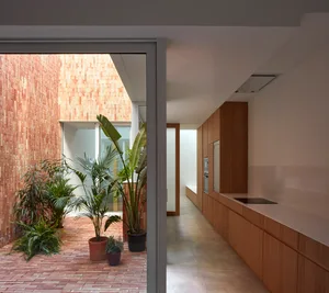 A modern minimalist kitchen with wooden cabinets and a linear layout, featuring potted plants and an open courtyard.