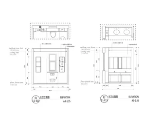 Bathroom elevation view blueprint with floor finishes and elements clearly labeled.