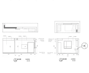 Minimalist bedroom layout with textual and graphical elements, including furniture and dimensions.