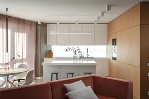 A modern, minimalist residential kitchen featuring light wood cabinets, white countertops, and a white pendant light hanging 