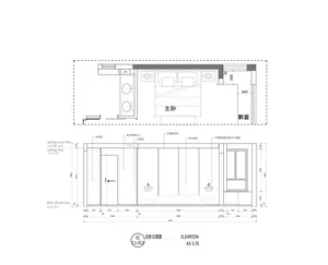 A 2D architectural drawing of a modern bedroom with neutral colors