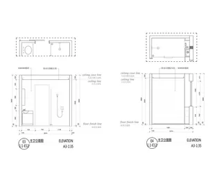 A technical drawing of a modern bathroom featuring tile, stone, and concrete materials.