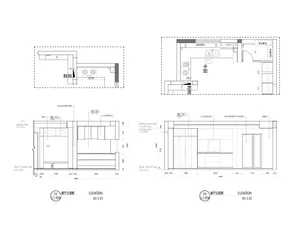 Detailed 2D architectural drawing of a modern minimalist kitchen floor plan, featuring sleek lines, open spaces, and a harmon