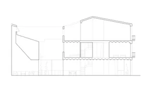 A line drawing of a residential interior featuring mixed materials and spatial composition.