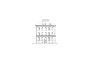 A classical building exterior roofline drawing depicting a multi-story structure with a metal roof and decorative cornice.