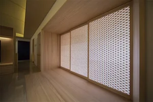 A modern Japanese living room featuring a patterned sliding screen in a minimalist design.