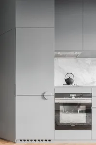 Modern kitchen featuring minimalist design with gray cabinets and appliances.