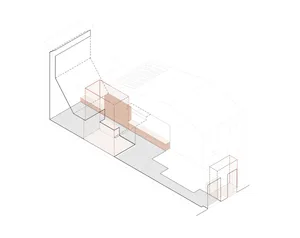 A minimalist, modern interior scene featuring a floating wooden shelf.