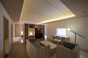 Modern living room featuring minimalist design with wooden furniture and lighting elements.
