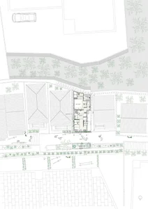 現代住宅建築平面圖，包含多個房間與戶外區域。