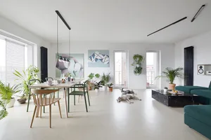 A modern living room with white walls, a black marble coffee table, green plants, and two dogs laying on the floor.