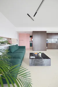 A contemporary residential art deco living room with a marble coffee table, green sofa, and pink door.
